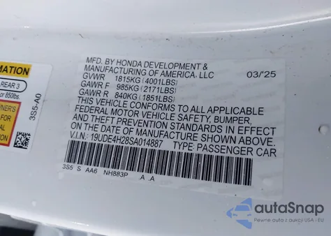 2025 Acura Integra z USA, uszkodzony, nr VIN 19UDE4H28SA014887